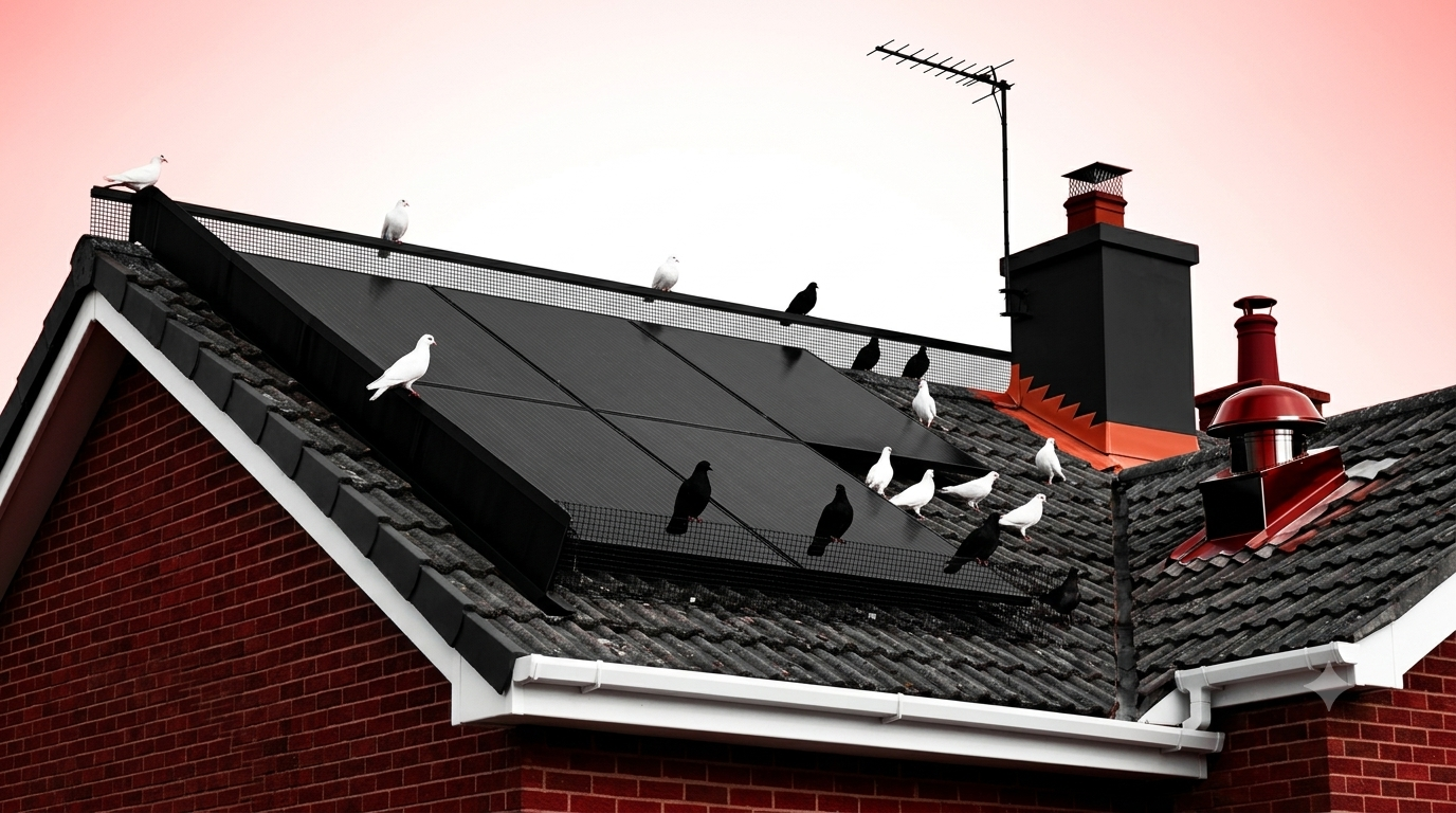 Solar panels with birds on a rooftop